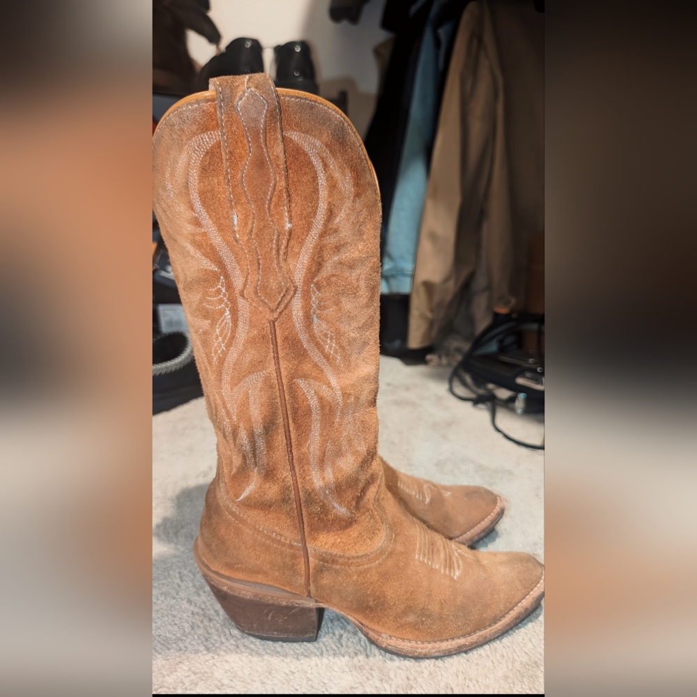 Vintage Style Suede Cowboy Boots Brown Embroidered Western Tall Cowgirl Boots - Picture 4 of 5
